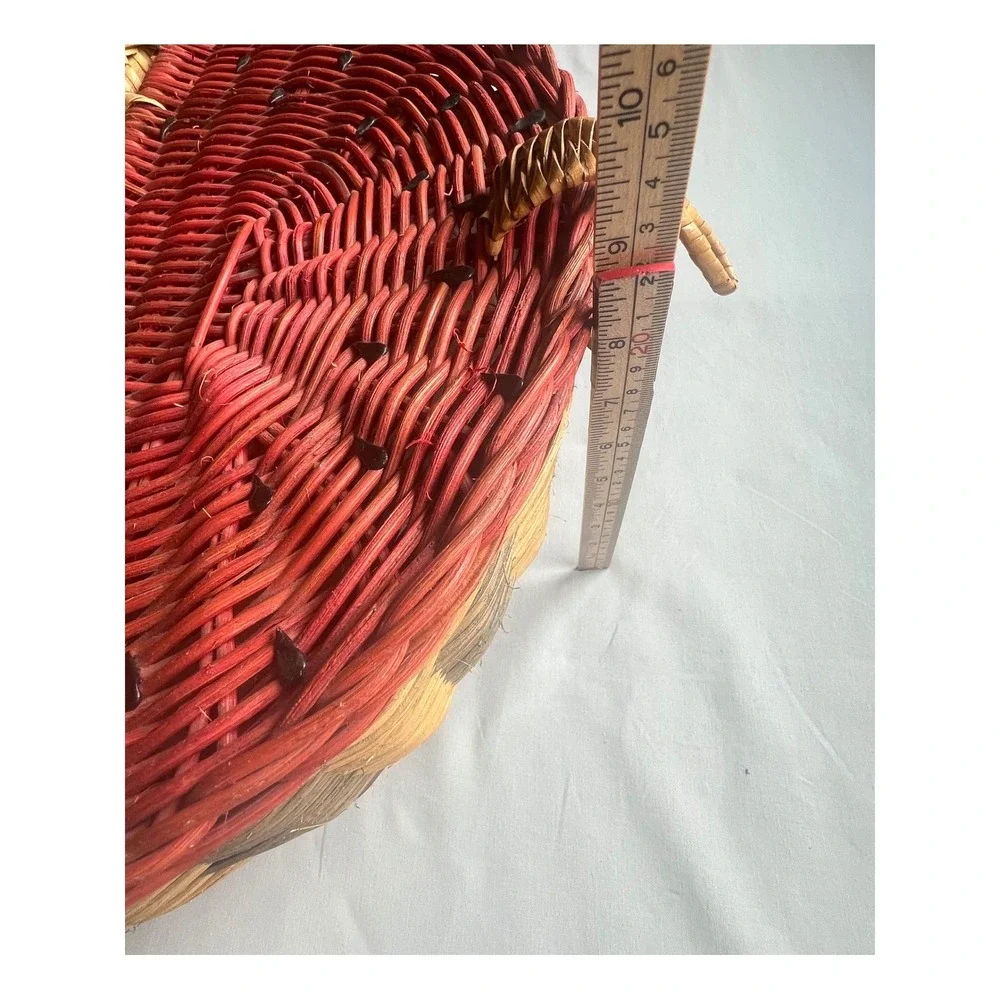 Vintage Watermelon Picnic Basket Woven Wicker Double-Lid Handle Red Green Large